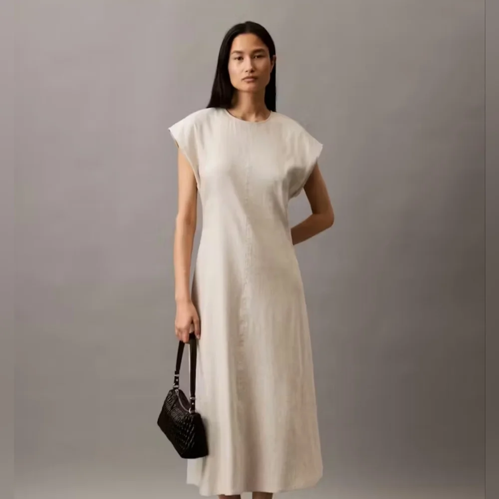 New Calvin Klein Linen Stretch Elegant Cream Midi Dress Large - Picture 1 of 13